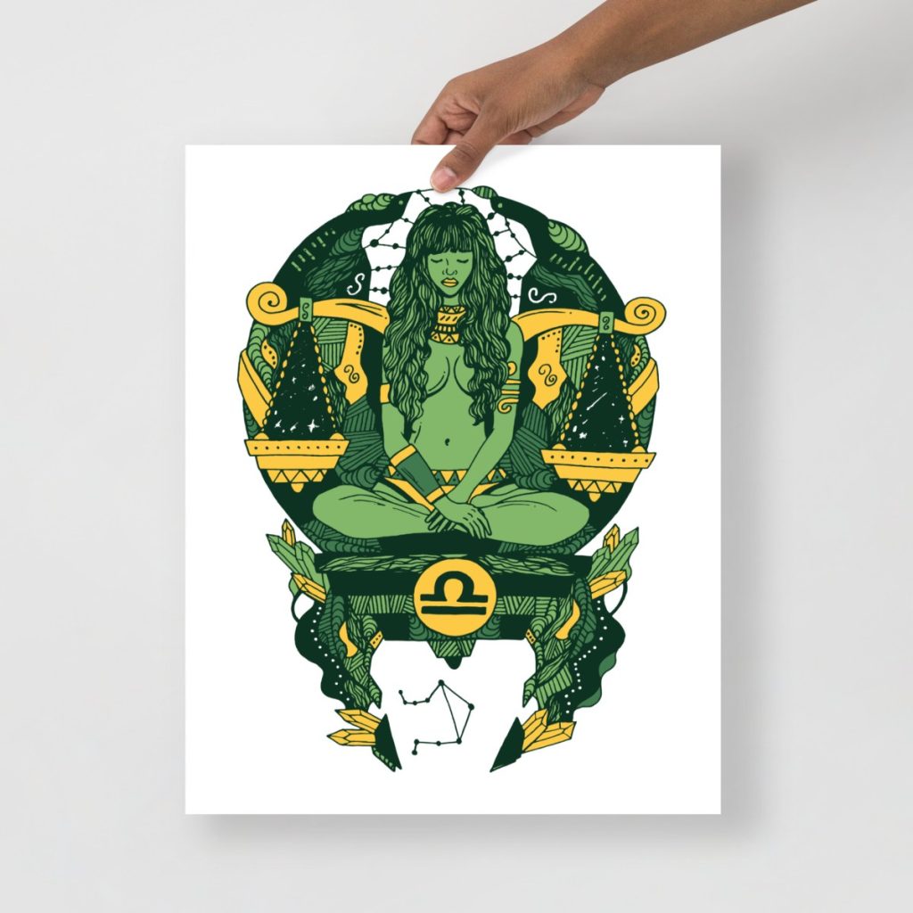 Forest green Libra zodiac art print bringing earthy celestial elegance to any wall