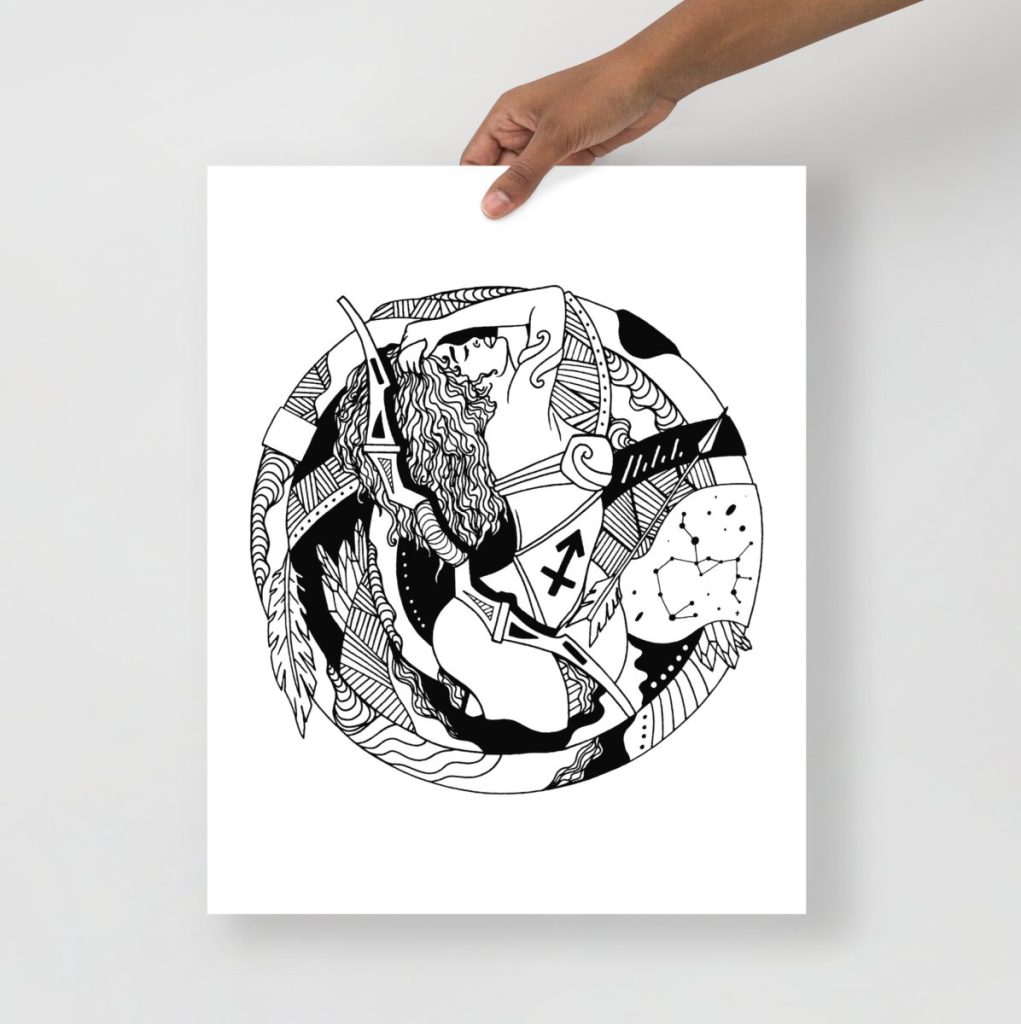 Celestial woman wall art print celebrating Sagittarius zodiac energy with elegant cosmic illustration