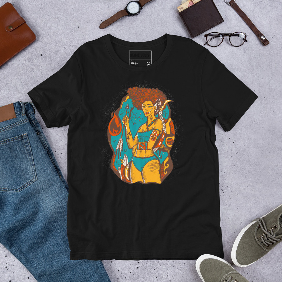 Bold zodiac art t-shirt featuring a Sagittarius goddess design for star sign enthusiasts
