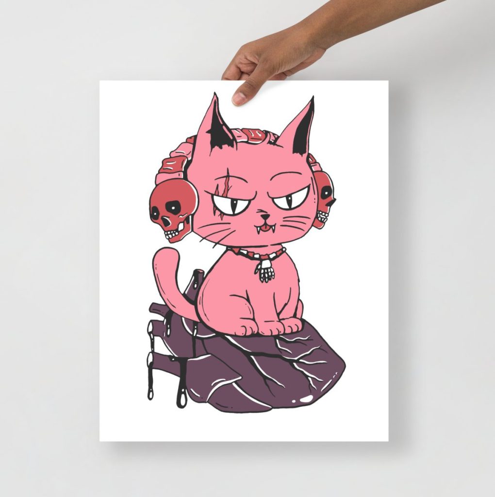 Mauve rose wicked cat on a heart with soft romantic color palette