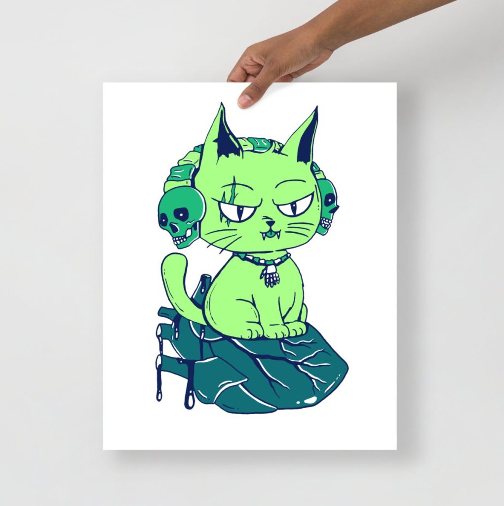 Rich green wicked cat on a heart charming feline wall art