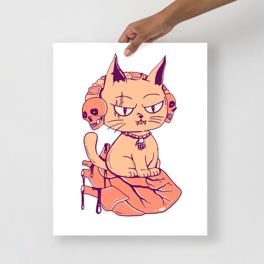 Peach toned wicked cat sitting atop a heart in warm hues