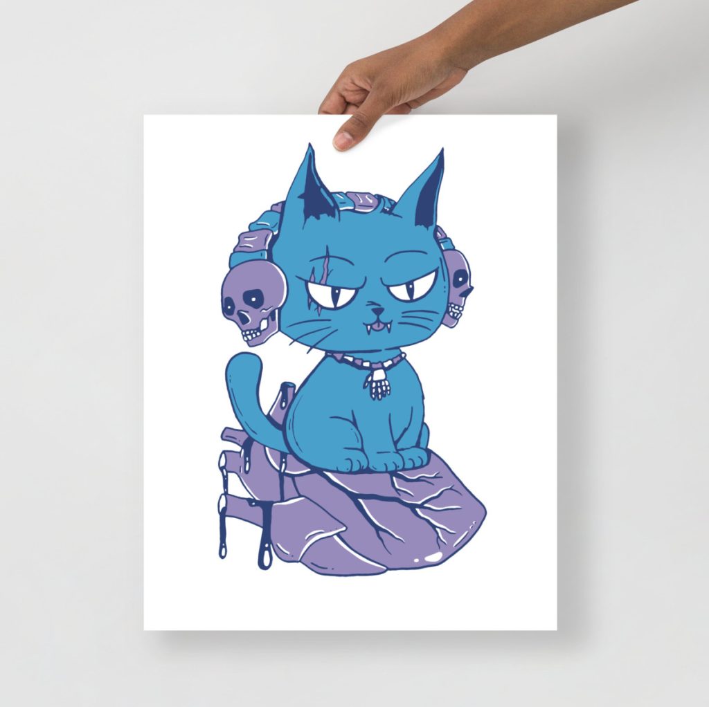 Bold blue wicked cat on a heart striking wall decor print