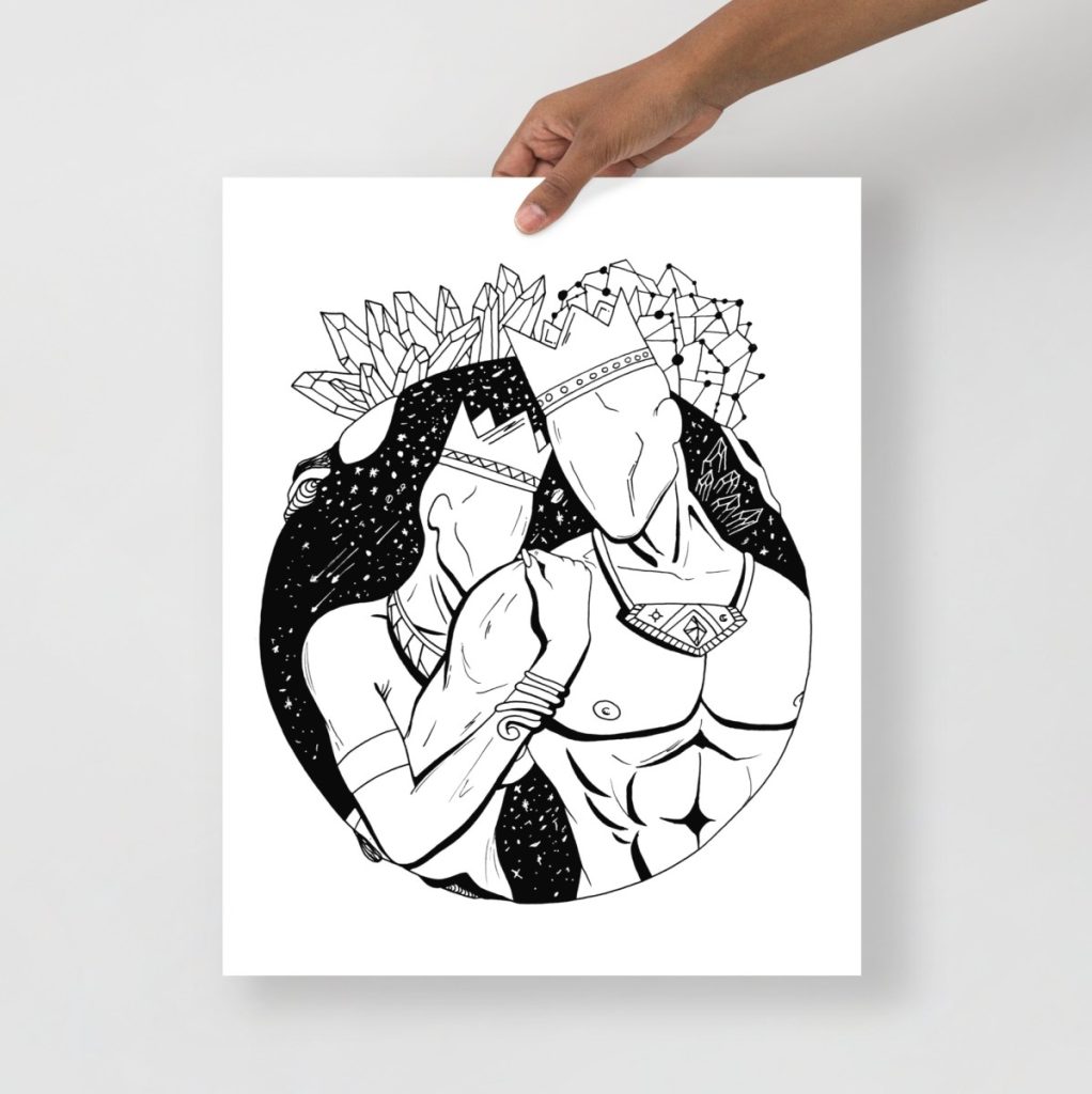 King and queen surrounded by stars in a majestic romantic couple wall print