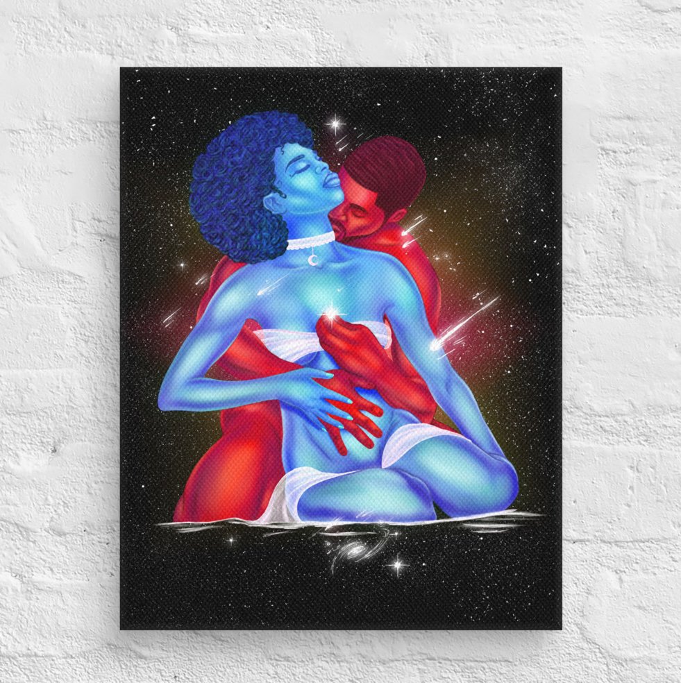 Black love cosmic embrace couple canvas art capturing celestial romance in deep space