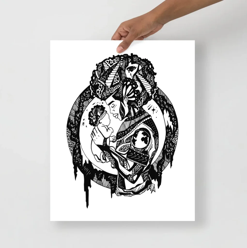 Apollo holding Juno line art print capturing tender fatherly bond in minimalist style