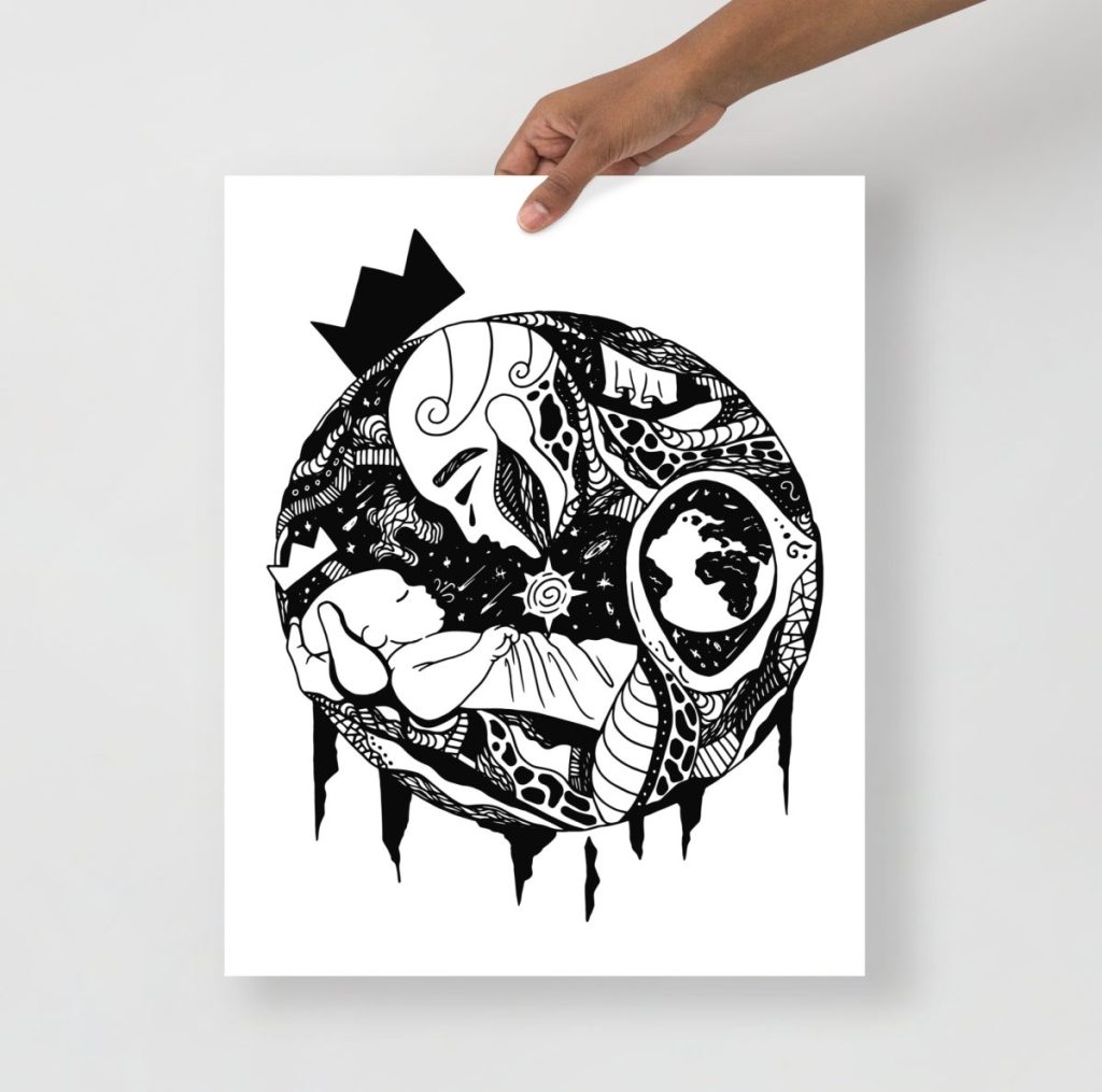 Among the Stars fatherhood art print depicting dad and child in dreamy celestial scene