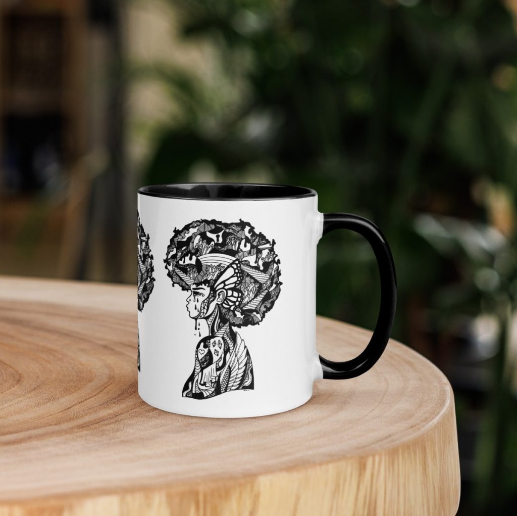Afrocentric coffee mug featuring Her Beautiful Mind art for bold women
