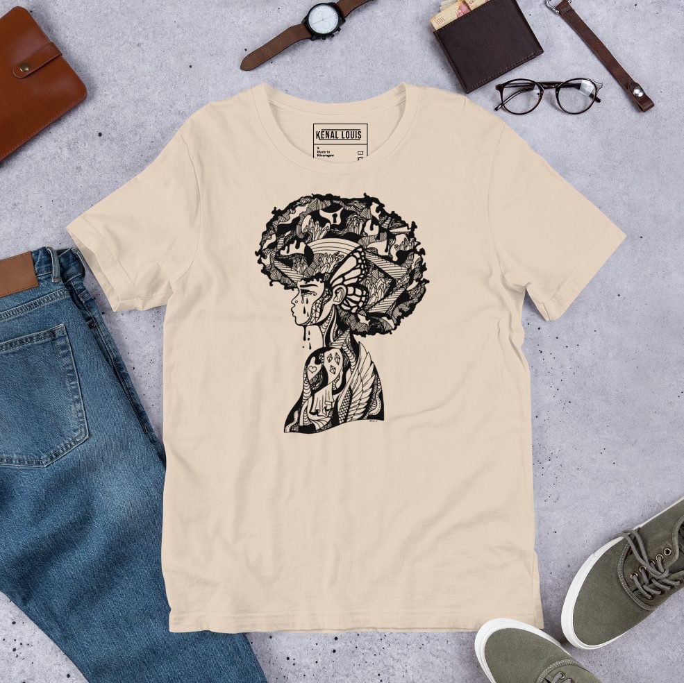 Afro graphic tee celebrating natural beauty in rich Afrocentric artistic style