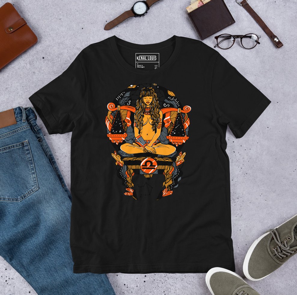 Libra zodiac orange and black womens graphic tee for stylish star signs