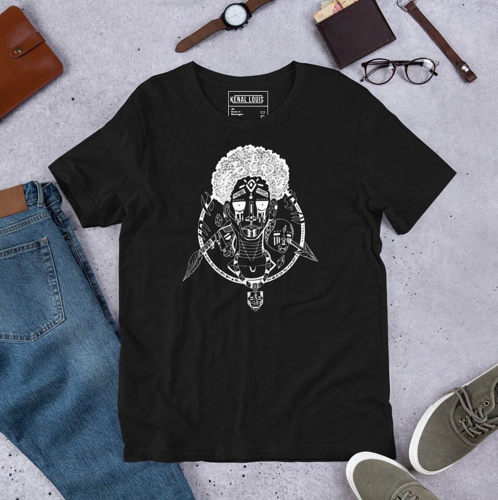 Bold afro art tee depicting a boy between warring tribes perfect gifts for him