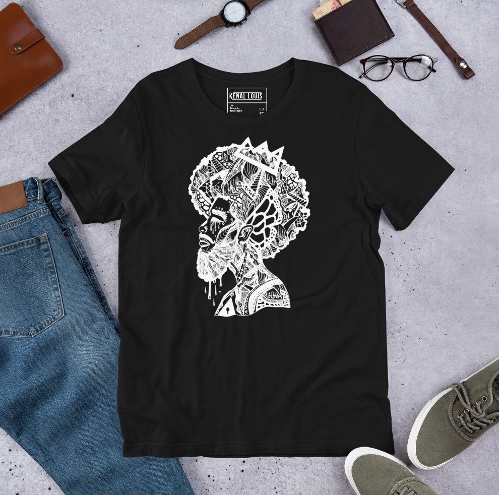 Thoughtful melancholic mind line art afro mens shirt for the introspective creative man
