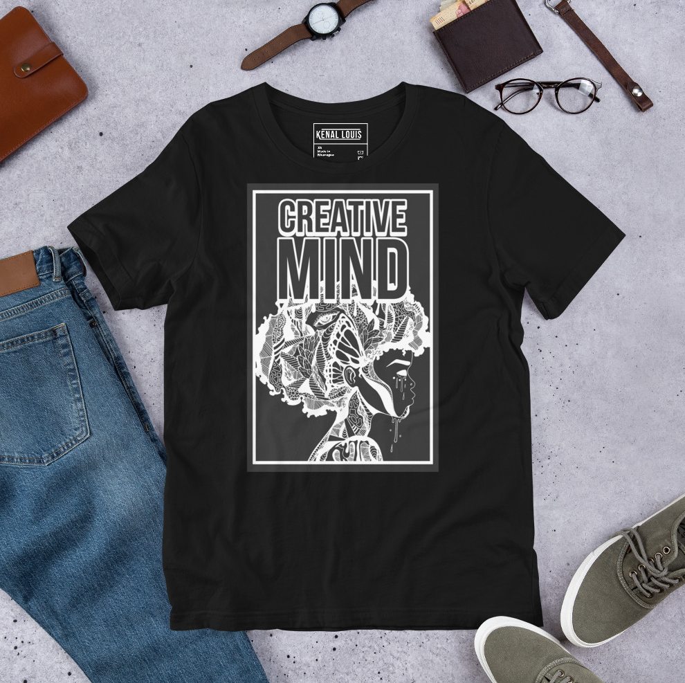 Expressive creative mind afro line art mens tee showcasing artistic black excellence boldly