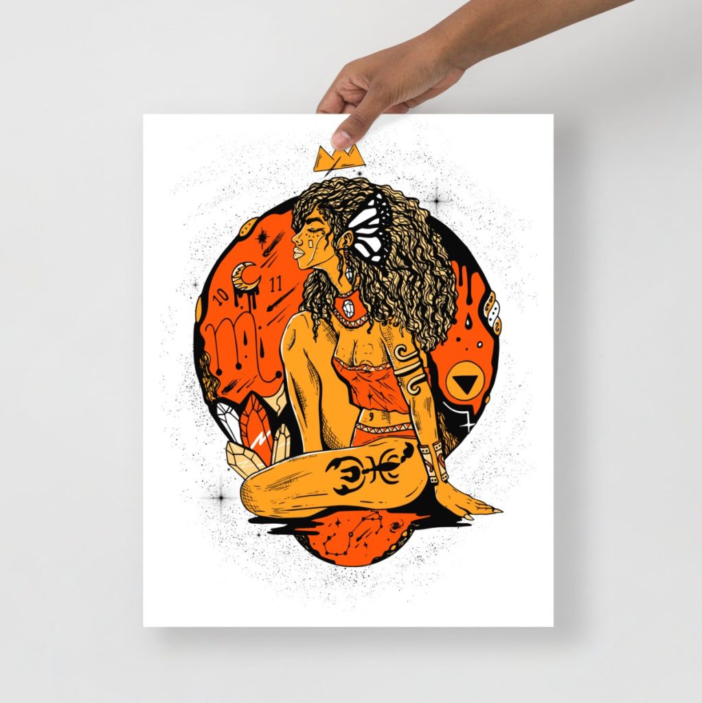 Black and orange Scorpio goddess depicted in vivid contrasting tones and detail