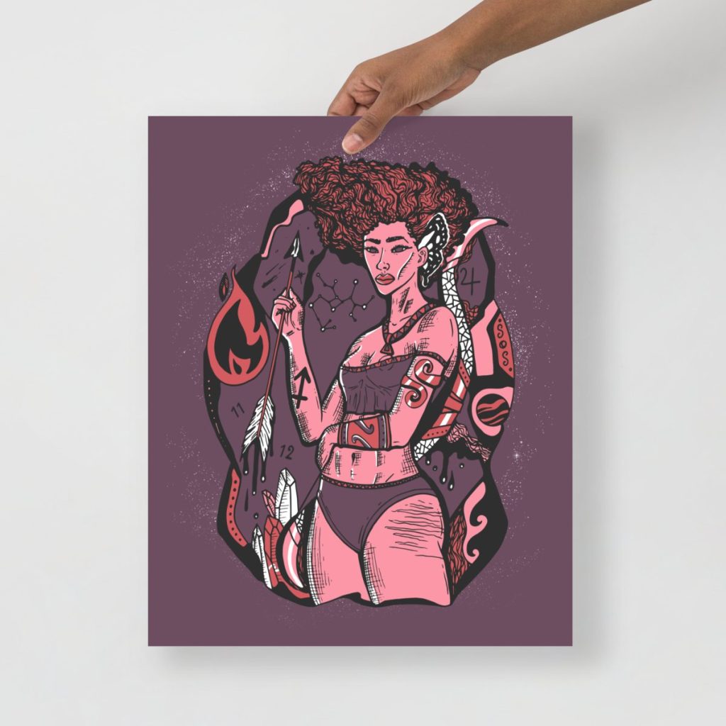 Mauve rose Sagittarius woman wall decor with soft romantic goddess illustration