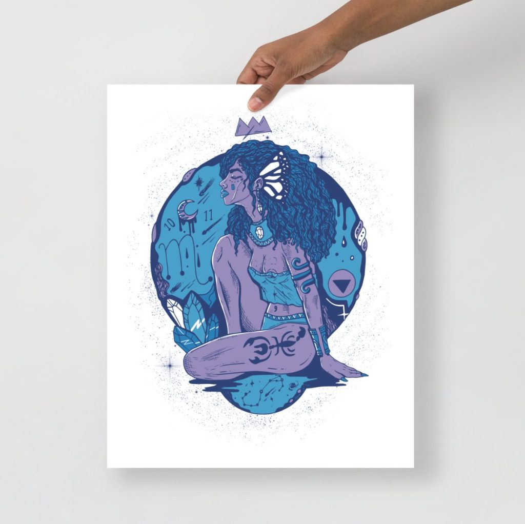 Mountain blue wall art showcasing a striking Scorpio goddess art print design