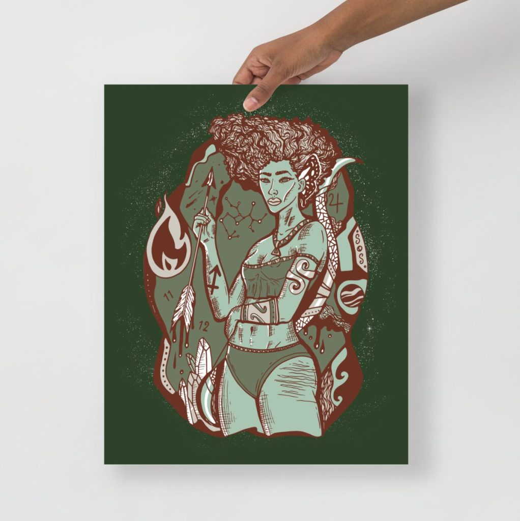 Sage green Sagittarius goddess art prints featuring an archer woman wall decor