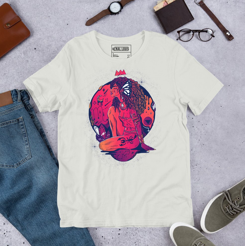 Warm sunset hues adorn this Scorpio goddess shirt for women