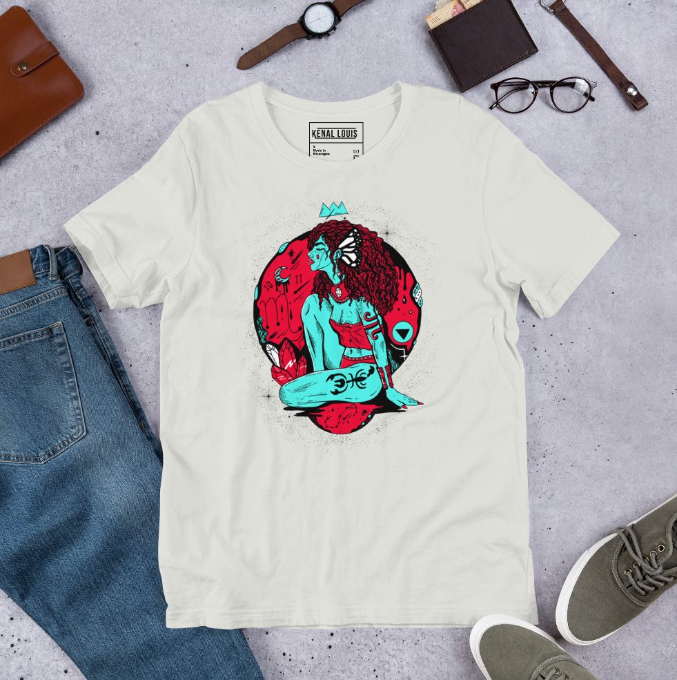 Turquoise and red Scorpio goddess shirt with striking zodiac woman graphic
