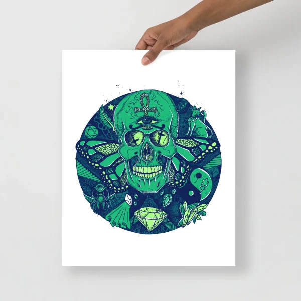 Green skull art print featuring intricate mystical designs, religious symbols, and nature elements arranged in a circular composition