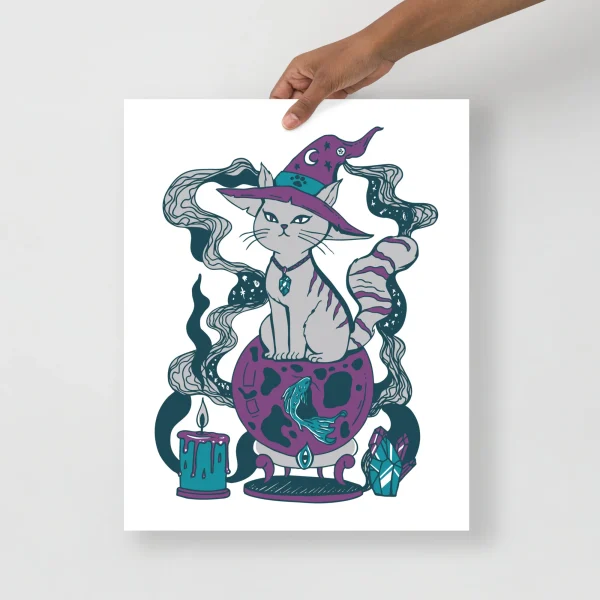 Grey cat art print wearing a purple wizard hat, sitting on a mystical fortune ball with magical swirls and candles