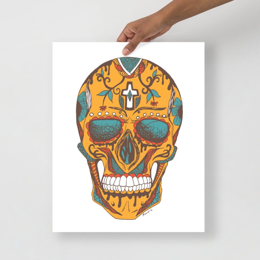 Detailed Los Muertos Day of the Dead skull art print with ornate floral patterns