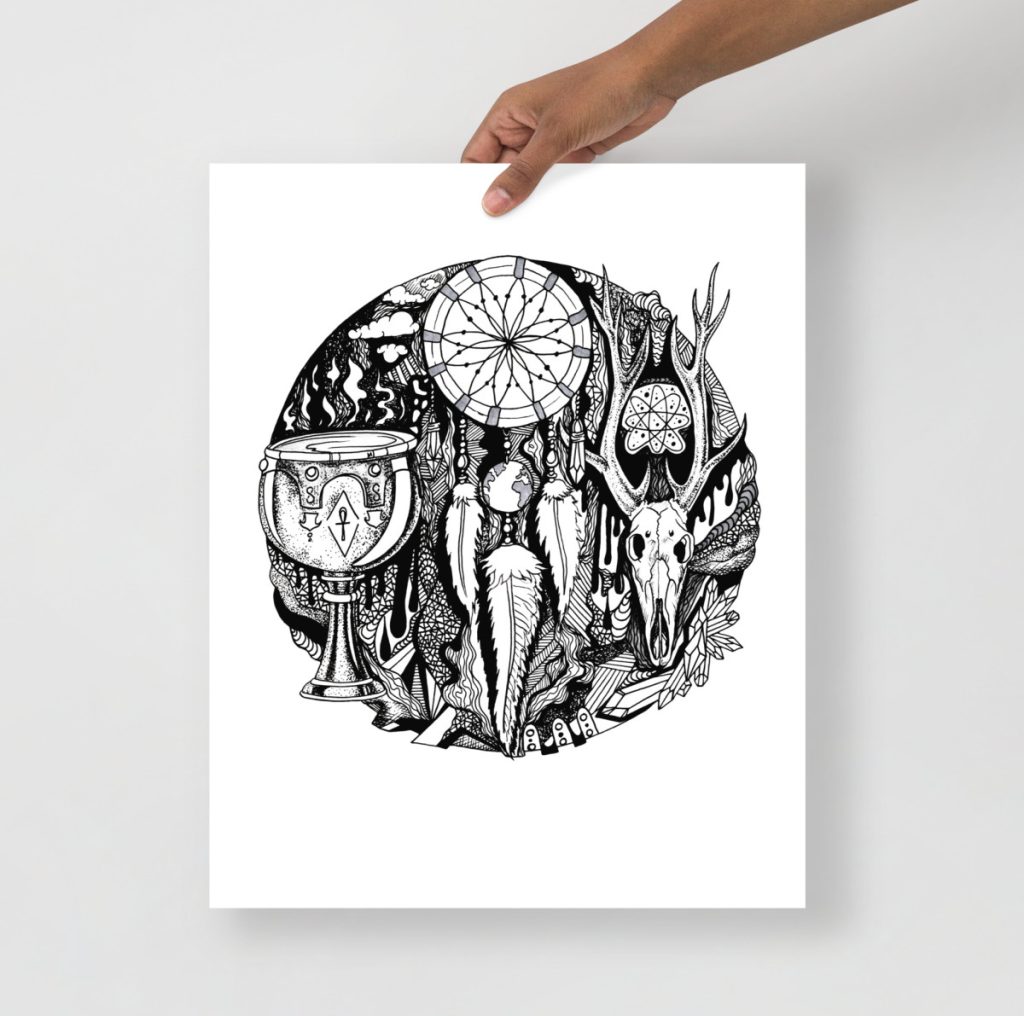 Intricate ink drawing of a dreamcatcher set against a sweeping desert landscape scene