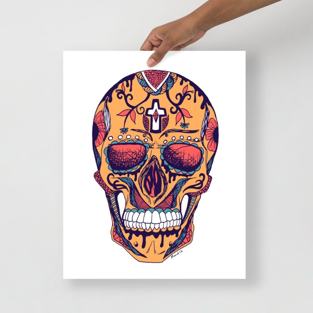 Triadic Los Muertos skull art print from a vivid halloween art collection