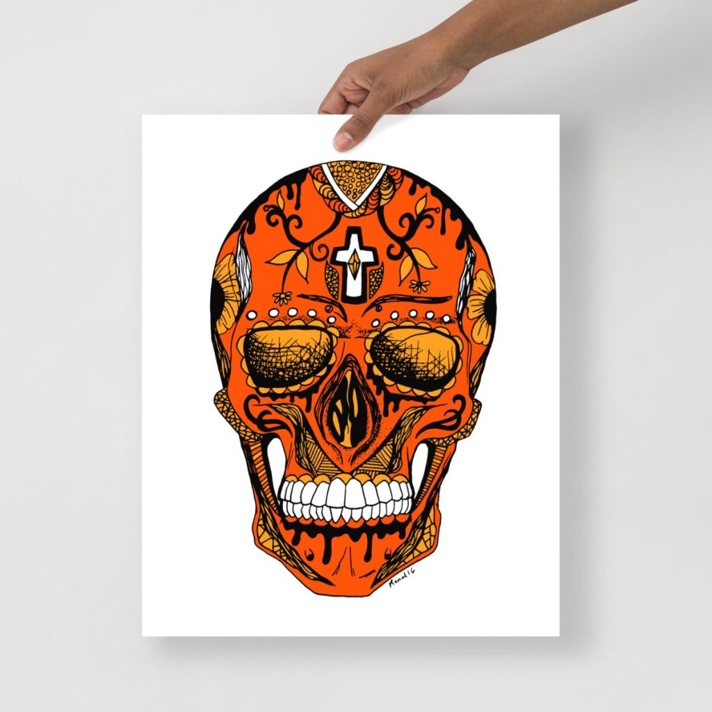 Fine pen and ink Los Muertos skull print ideal for any halloween art collection display