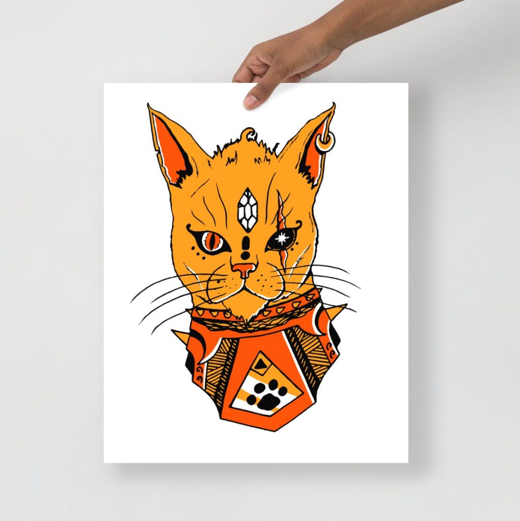 Divine black and orange cat drawing art print with bold contrasting seasonal colors