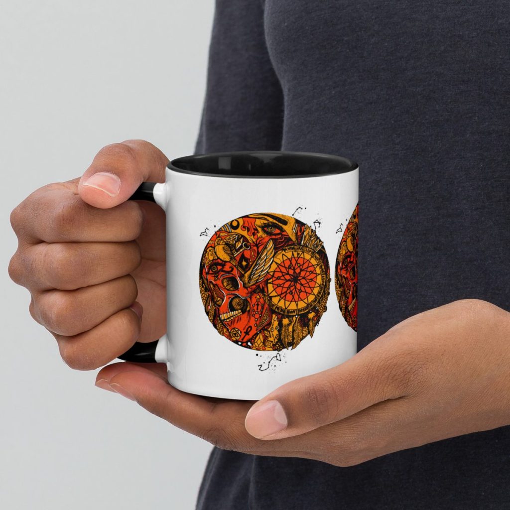 Mystical skull halloween mug featuring bold orange and black gothic drinkware design