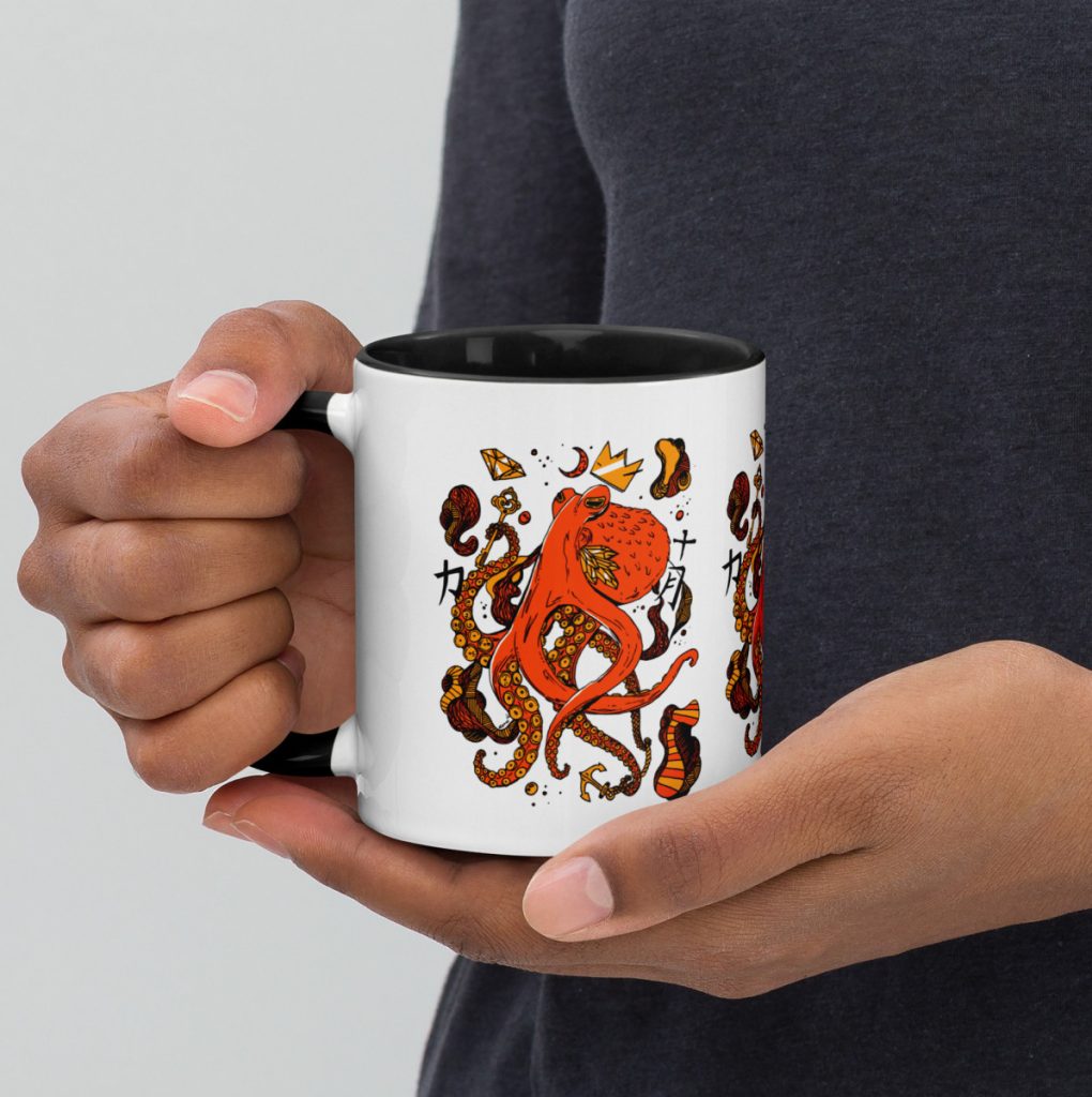 Mystical octopus wrapping around an orange and black ocean art halloween mug