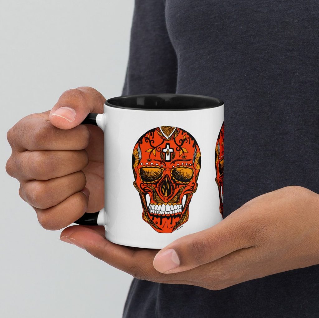 Day of the Dead sugar skull halloween mug in striking black and orange