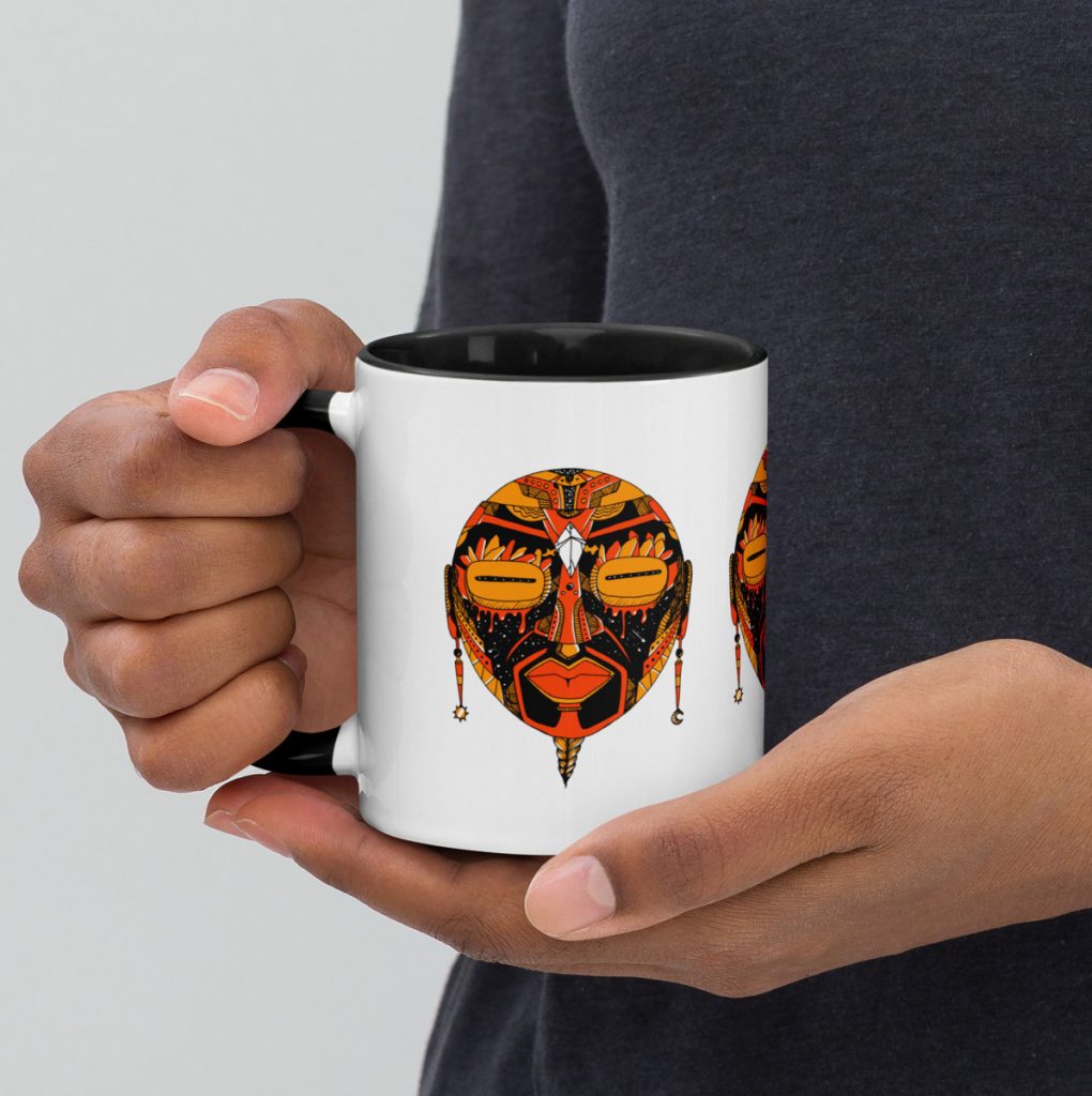 Boldly patterned african mask halloween mugs showcasing vibrant orange and black design