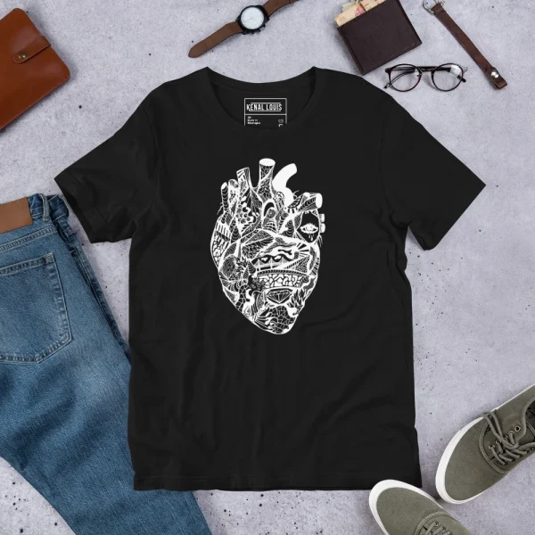 Black heart line art t-shirt with intricate white transparent graphic design displayed flat lay with accessories