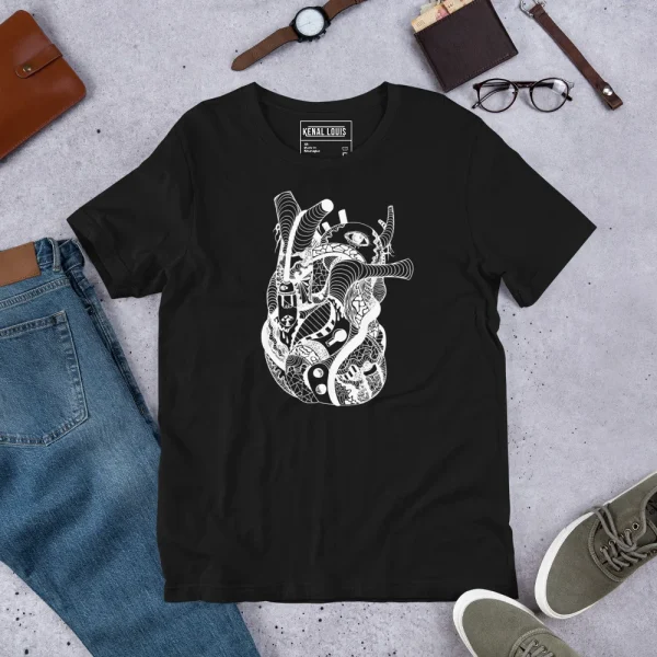Black heart line art t-shirt with intricate white graphic design displayed flat with accessories