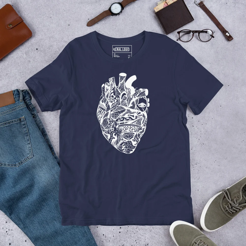 Navy blue heart line art t-shirt with white transparent graphic design, styled with accessories