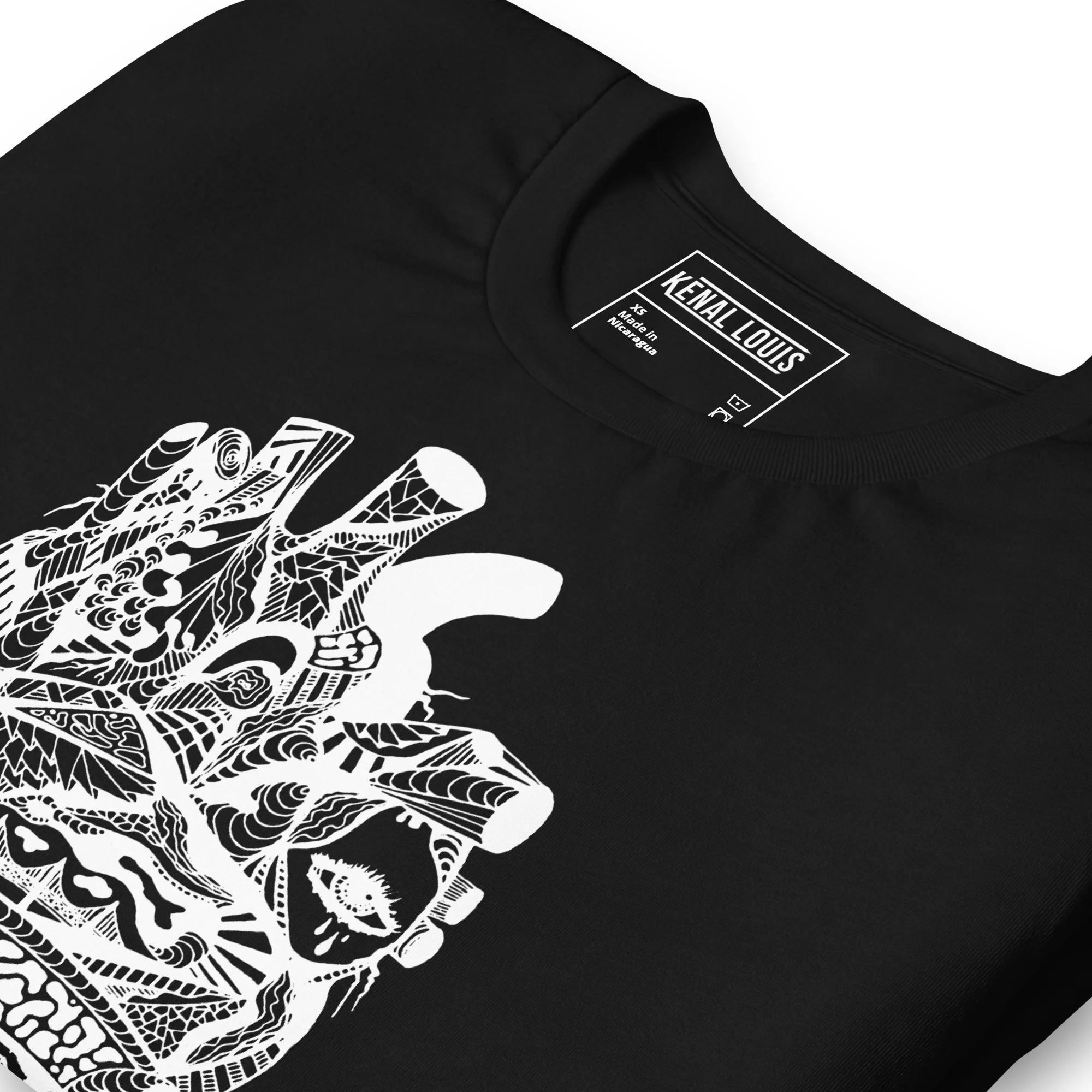 Black heart line art t-shirt with intricate white transparent graphic design on front chest area