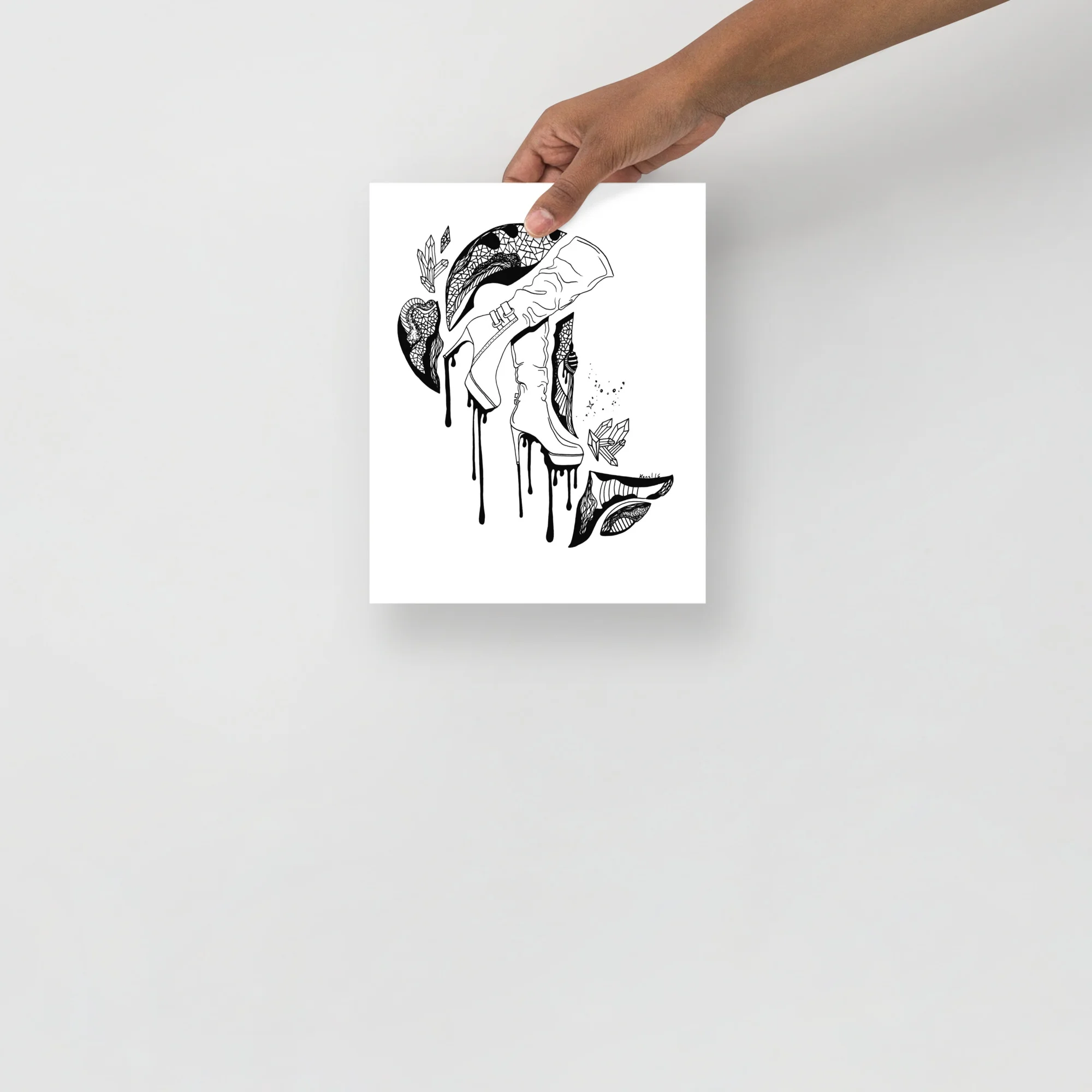 Black and white high heel art print featuring elegant stiletto heels with botanical leaf accents and dripping ink details