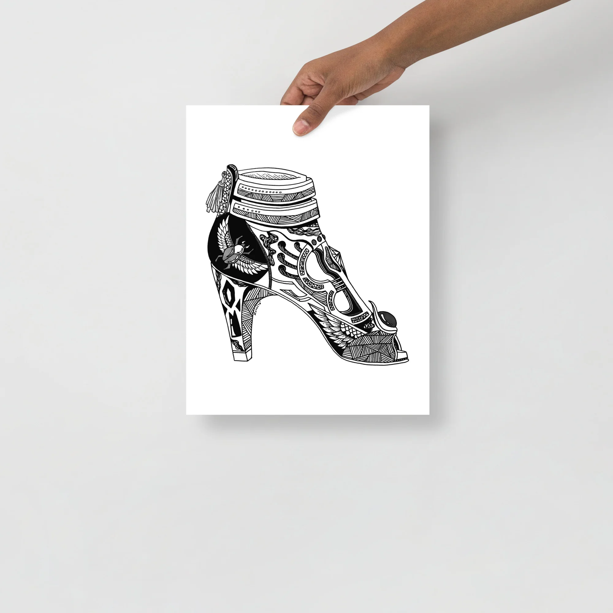 Black and white high heel art print featuring ornate goddess heels with decorative wing motifs and patterned details