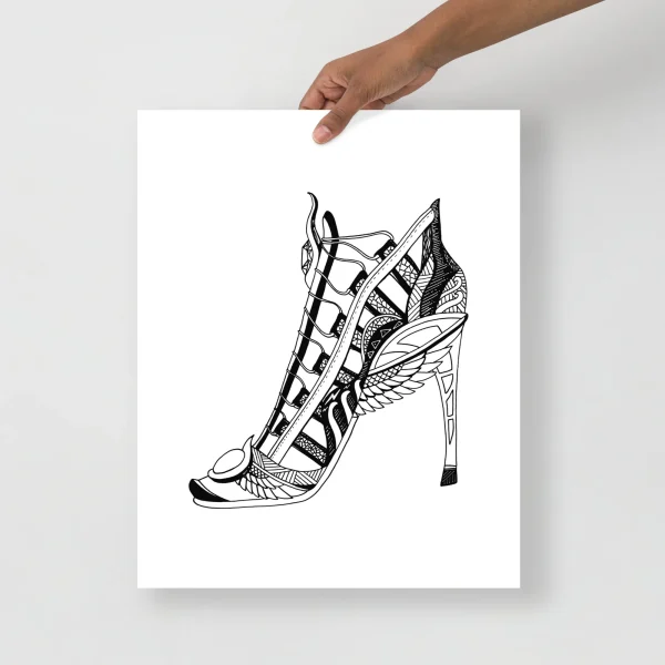 Black and white high heel art print featuring an ornate goddess heels design with intricate wing and geometric patterns.