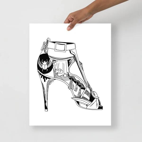 Black and white high heel art print featuring an ornate goddess heel with decorative buckle and embellished details on white background