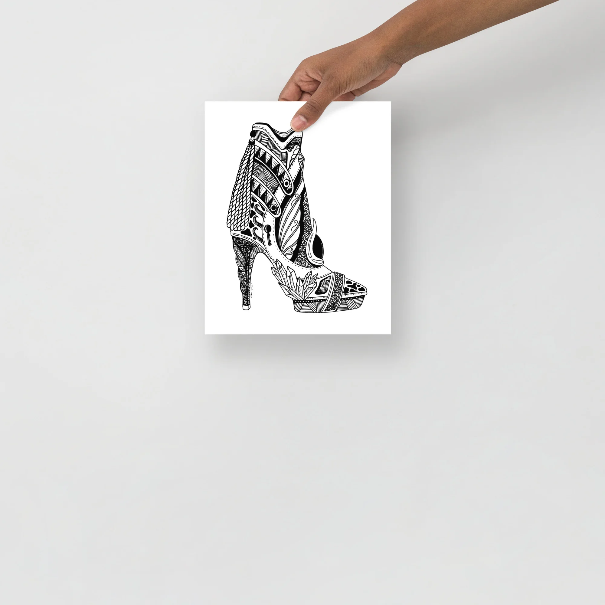 Black and white high heel art print featuring intricate geometric and floral patterns on a platform stiletto shoe
