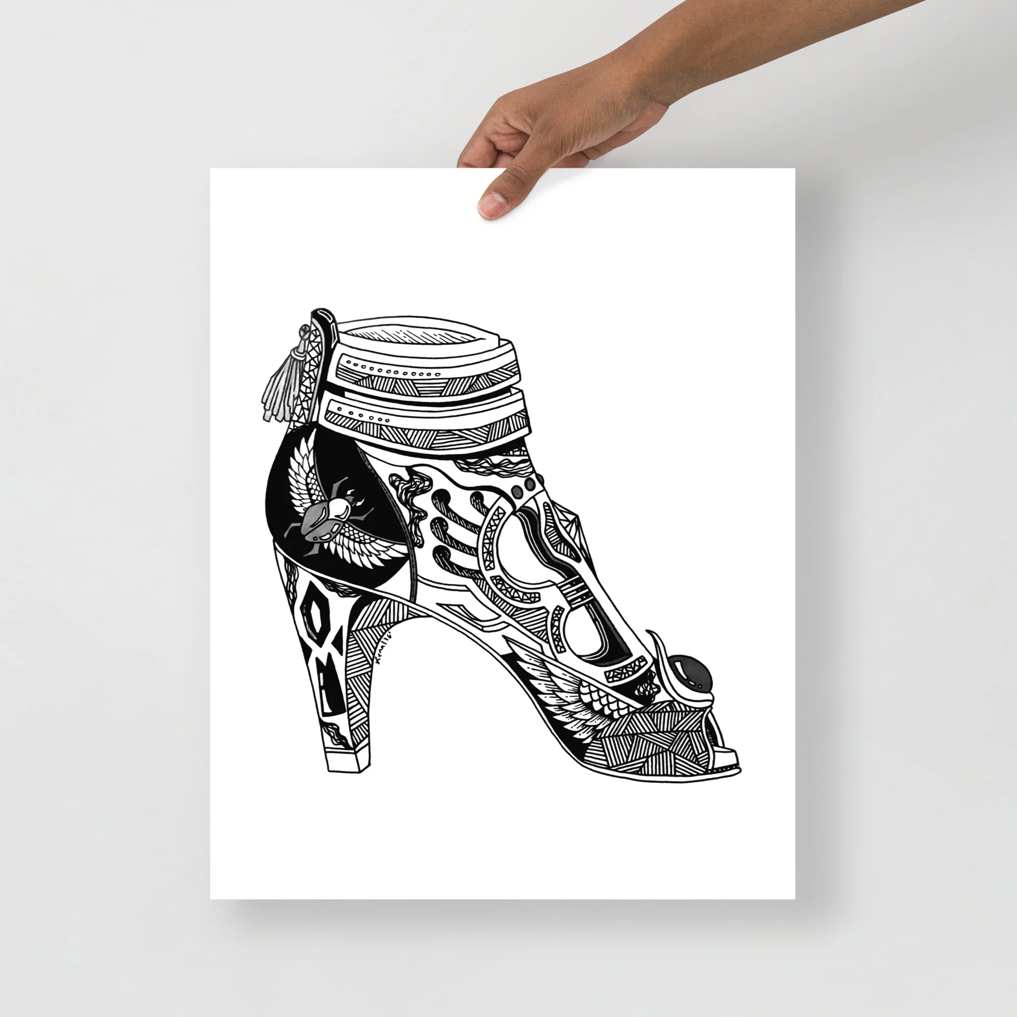 Black and white high heel art print featuring an ornate goddess heel with decorative patterns and tassel detail