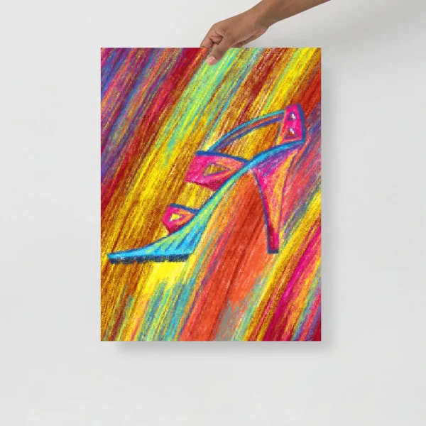 Colorful high heel art print featuring vibrant diagonal stripes in yellow, red, blue, pink, and green with a stylized shoe design