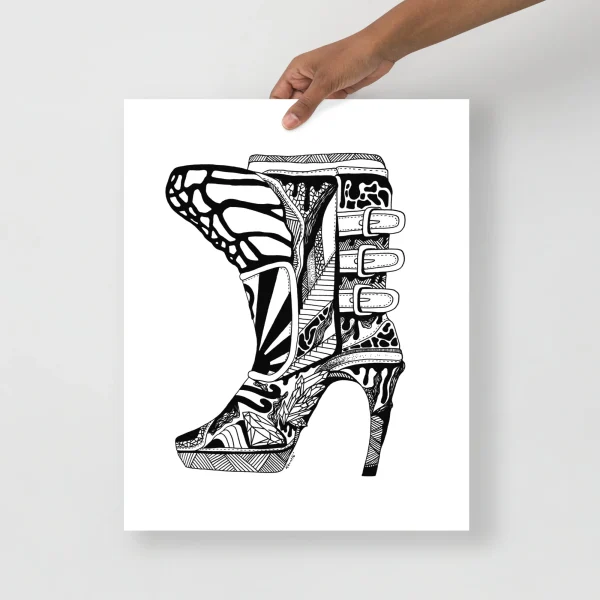 Black and white high heel boots art print with intricate pattern details and stairway backdrop design