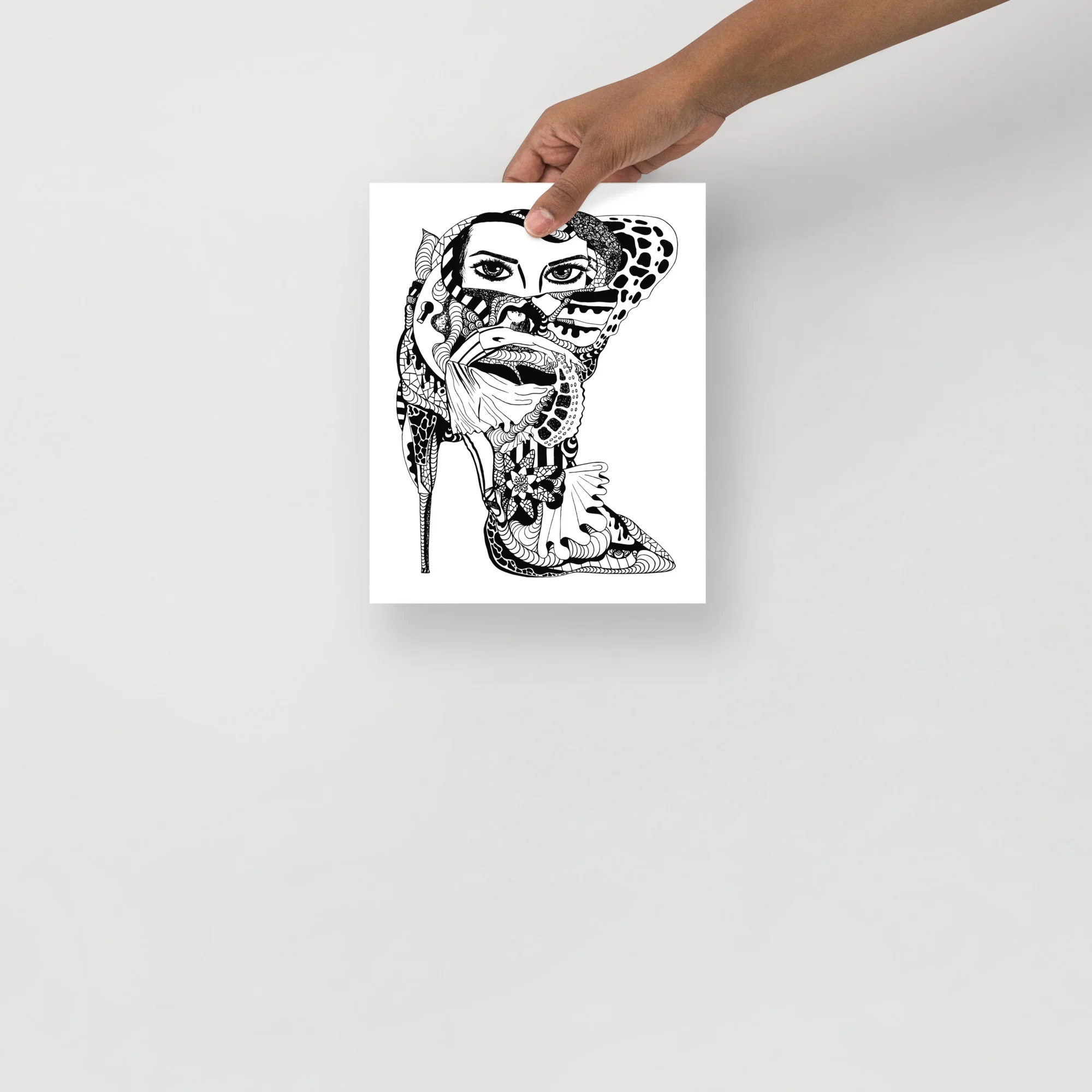 Black and white high heel boots art print featuring an intricate line drawing of a stylized boot with decorative patterns and flowing details.