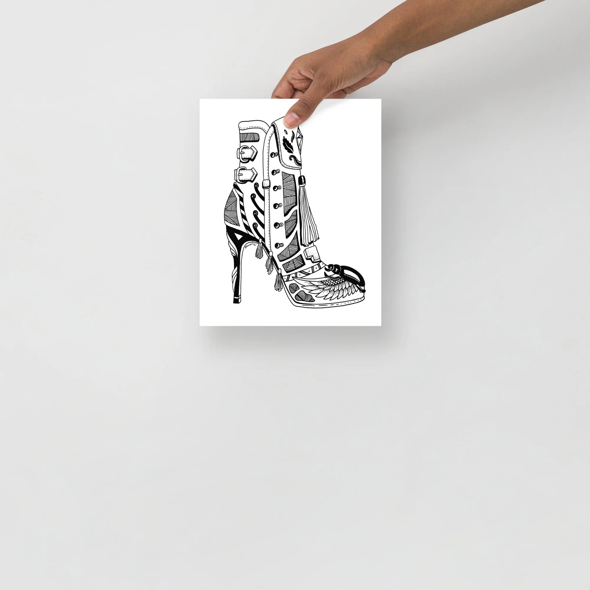 Black and white line art illustration of high heel boots art print with decorative wing and feather details