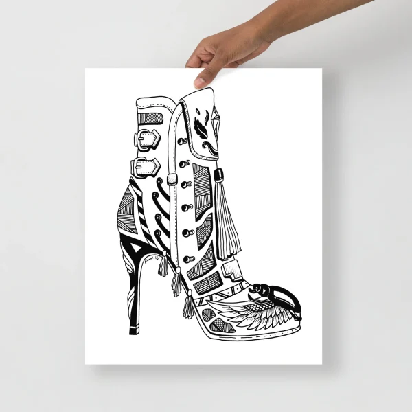 Black and white line drawing of high heel boots art print with ornate feather and geometric details