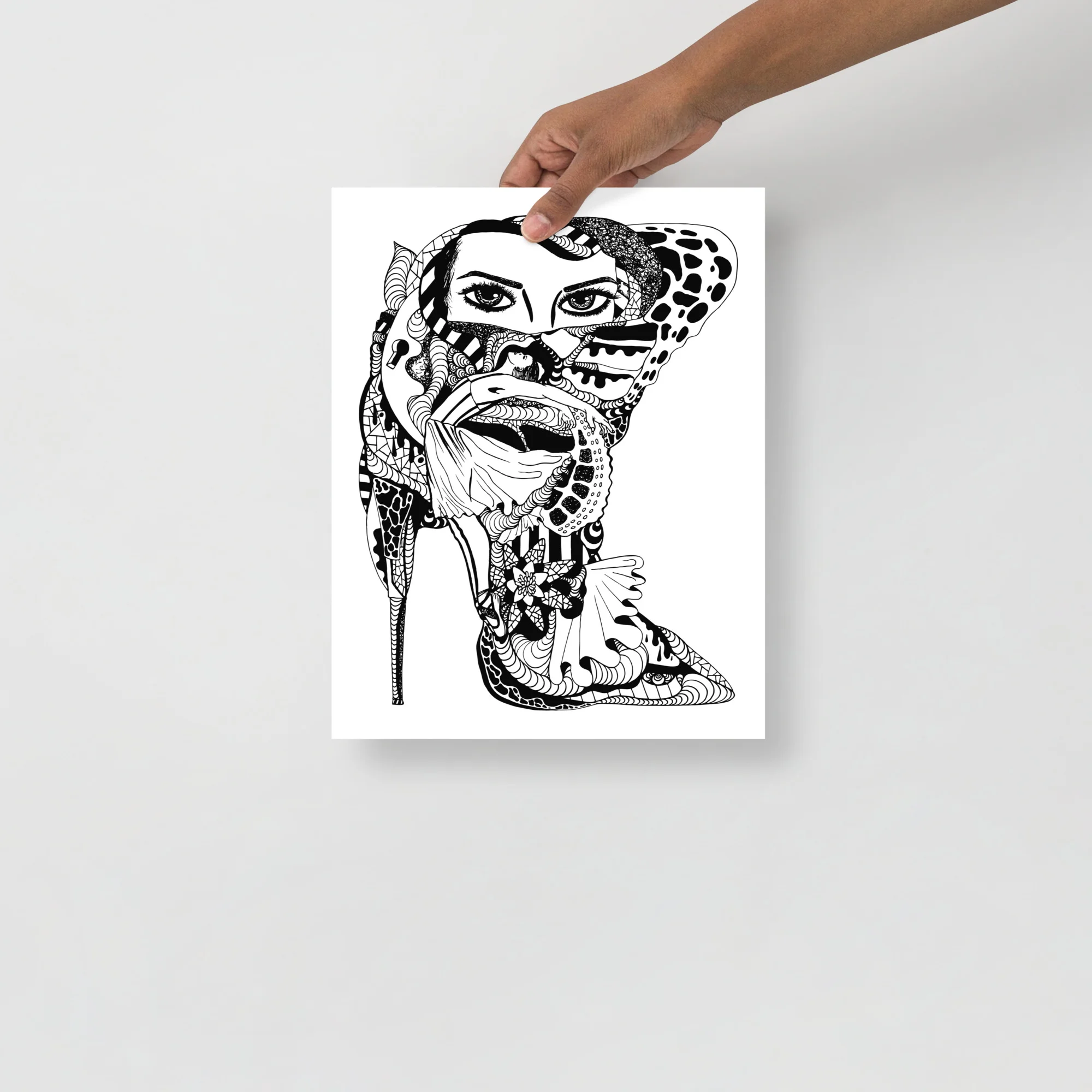 Abstract line drawing high heel boots art print featuring intricate patterns and bold editorial style fashion illustration.
